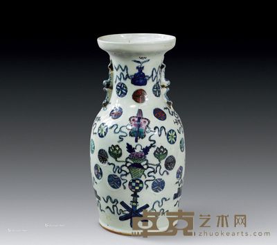 清代 豆青釉青花五彩兽耳瓶 高40.6cm