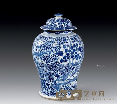 清代 青花凤穿牡丹纹将军罐 高43.5cm