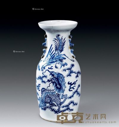 清代 青花麒麟凤纹双耳瓶 高43.5cm