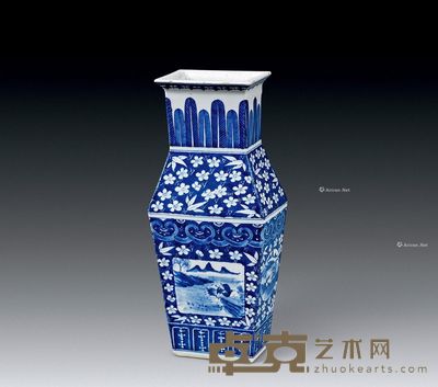 清代 青花人物纹开光四方瓶 高43cm