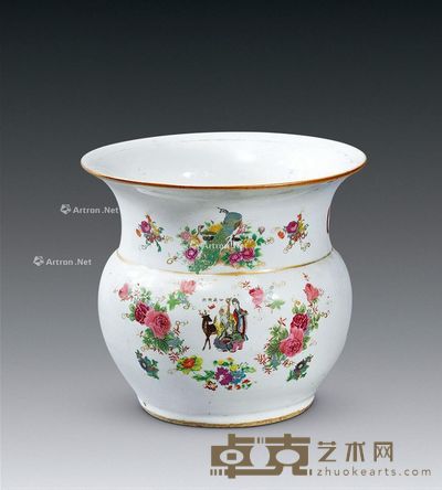 民国 描金新彩花鸟人物纹痰壶 高20cm