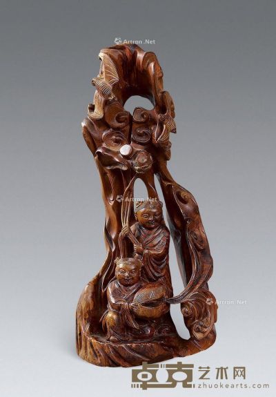 民国 合和二仙持荷童子木雕 高37.5cm