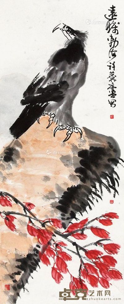 许麟庐 鹰石图 123×50cm