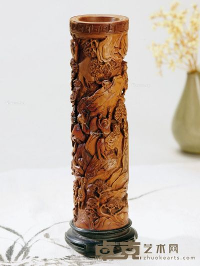 清 黄杨木精雕狩猎图香筒 15.5×3.7×3.8cm