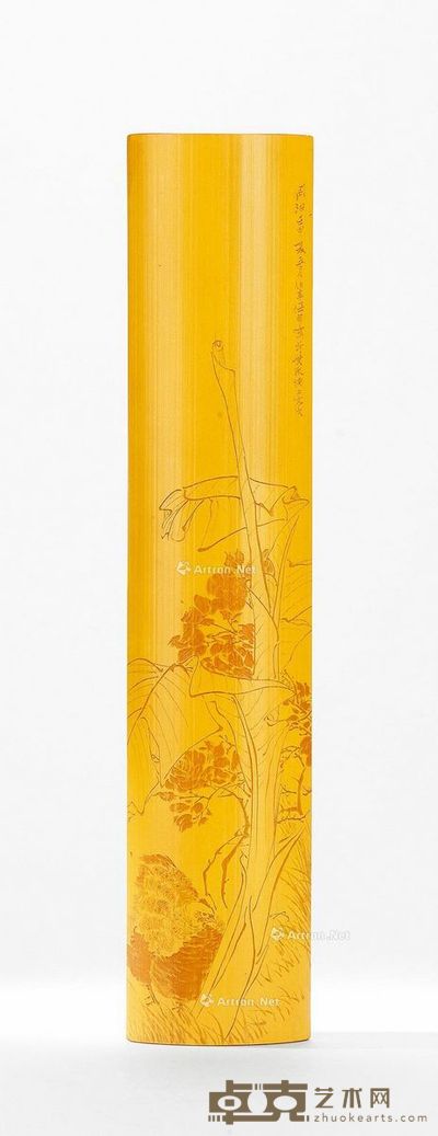 陈建双临任伯年蕉下栖禽图留青竹雕臂搁 34.1×6.9×0.6cm