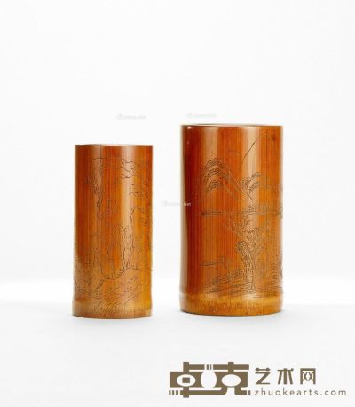 清 竹雕山水图笔筒 （两件） 高13.3cm；直径6.2cm；高15cm；直径8.4cm