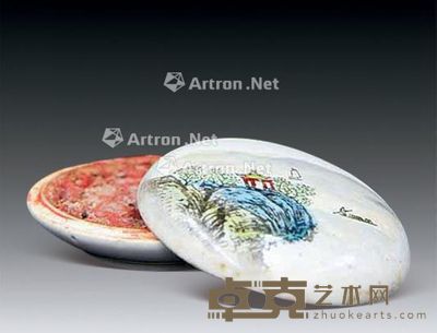 粉彩山水瓷印盒 口径8cm