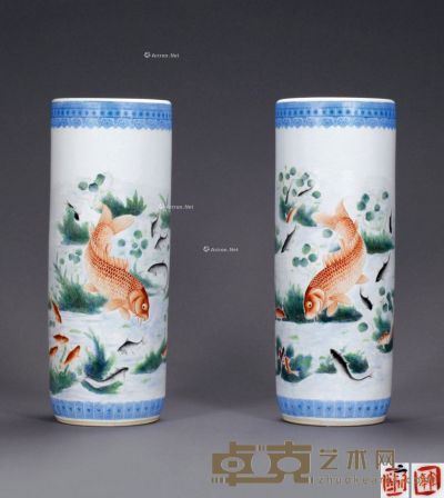 90年代 王鹤亭 粉彩鱼藻箭筒 （一对） 高62cm