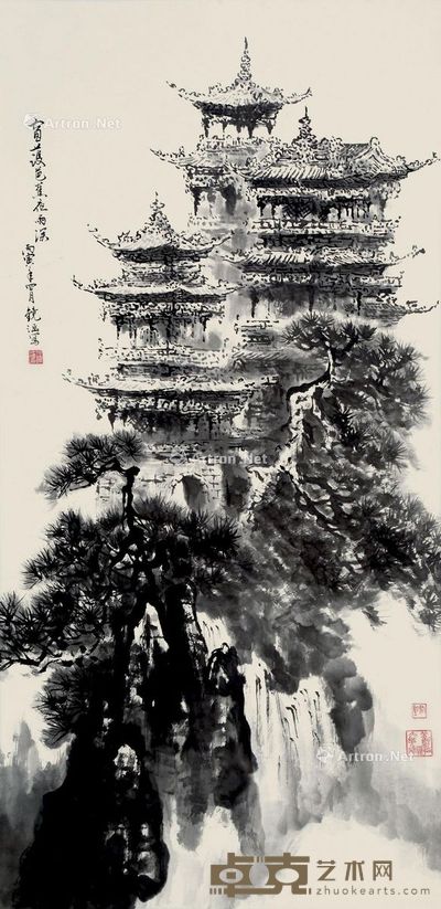 何镜涵 松荫楼阁 136×67cm