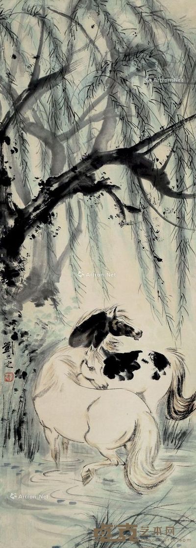 刘旦宅 柳荫双骏 112×41cm