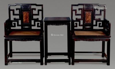 近代 紫檀嵌影木太师椅 （三件）