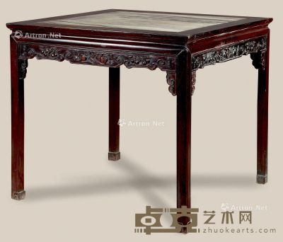 清 红木嵌理石雕寿桃方桌 94×94×87cm