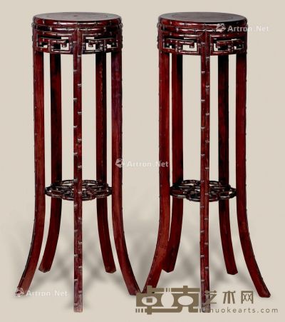 近代 红木嵌影木雕竹节花台 （二件） 30×94cm