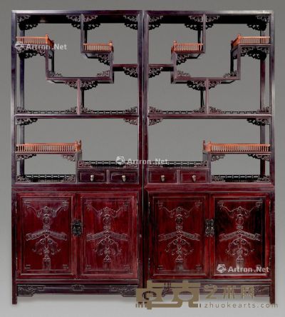 近代 红木雕吉庆有余多宝格 （二件） 89×35×200cm