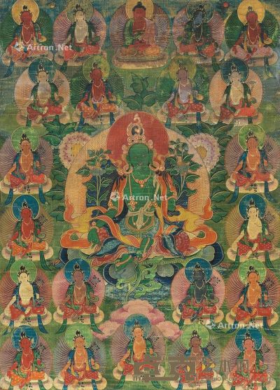 西藏十八世纪 绿度母唐卡 长35×宽26cm