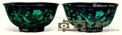 清 墨地绿彩花鸟纹碗 （二件） 直径16cm