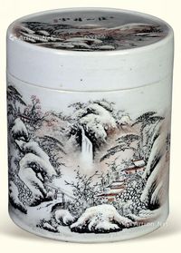 民国 墨彩溪山积雪缸