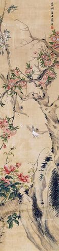 周闲 桃花雀戏图