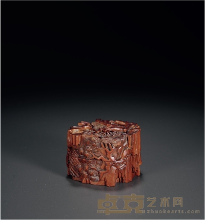 民国·黄杨木刻松石纹盖盒 高：5cm