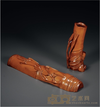 民国·黄杨木雕竹节纹花插、臂搁一组两件 1.长：24.5cm 2.长：14cm