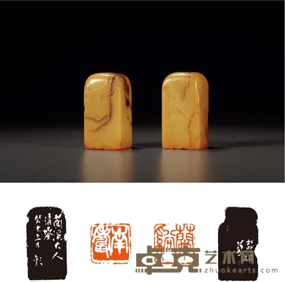清·寿山石花鸟薄意对章 2.7×2.7×5.3cm×2