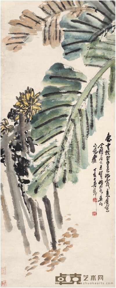 王个簃 芭蕉菊花图 100×40.5cm