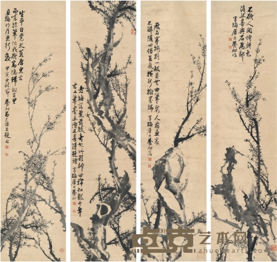 吕光浩 墨梅四屏 146×37cm×4