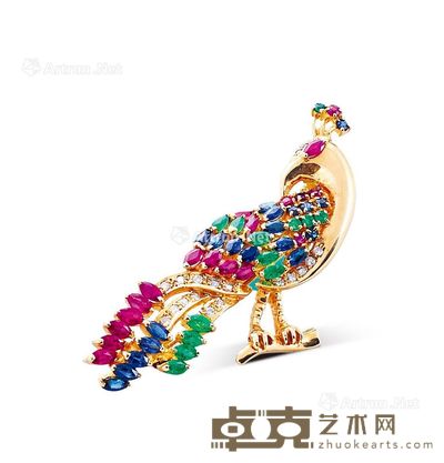 18K金宝石孔雀胸针 --