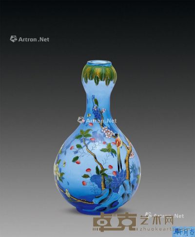 清乾隆 琉璃花鸟蒜头瓶 高17cm