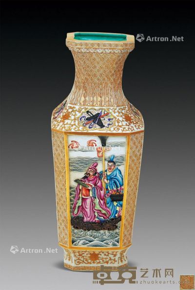 清乾隆 五彩开光八仙雕瓷人物方瓶 高44.5cm