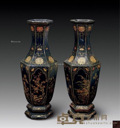 清 六面描金花卉漆器花瓶 （一对） 高55cm