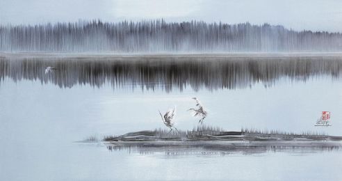 王晓莉 墨系列（76）：鹭鸶世界 镜心 布面油画