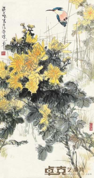 蔡大雄 黄菊翠鸟 47×88cm