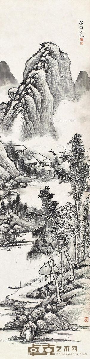 崔牧 山水 143×35cm