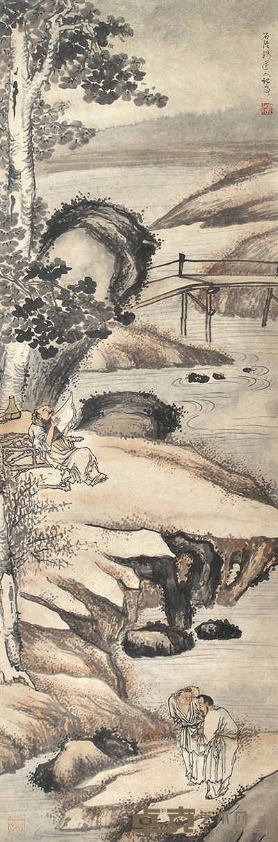 石溪 山水人物 143×47cm