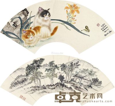 王至 王然 耄耋图 山居图 17×52cm×2