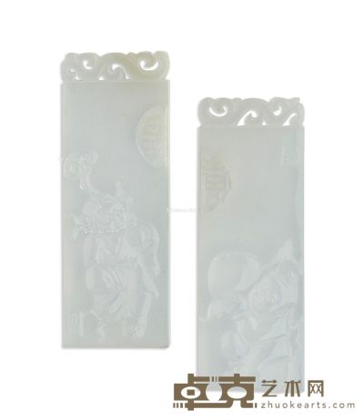 翡翠玻璃种仙童玉牌 （一对） 长3.92cm；宽0.75cm；高0.06cm