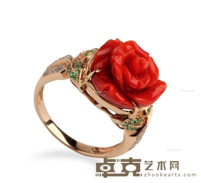 台湾阿卡红珊瑚玫瑰花戒指 主石长1.28cm；宽1.18cm；高0.8cm；指环1.25cm