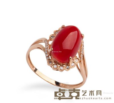 台湾阿卡红珊瑚弧面戒指 主石长1.13cm；宽0.7cm；高0.4cm；指环1.4cm