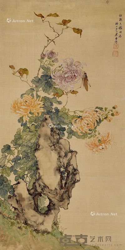 居廉 菊石图 77×39cm