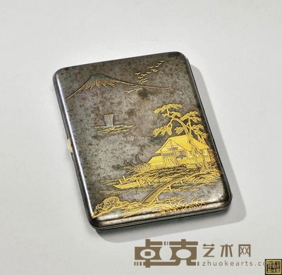 驹井制?铜错金银山水吉祥香盒 9.9×6.9×0.9cm