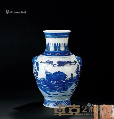 清代（1644～1911） 青花描金麒麟纹双耳瓶 高37.5cm