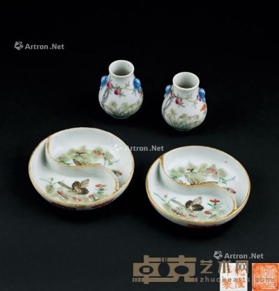 清代（1644～1911） 粉彩花蝶纹调色盘一对 双象耳小瓶 （一对） 尺寸不一