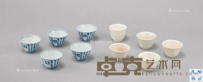 青花诗文茶碗白瓷茶碗 （（五件一组） 尺寸不一