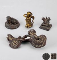 明代（1368～1644） 铜灵芝笔架 铜鎏金善财童子像兽钮印章 （四件一组）