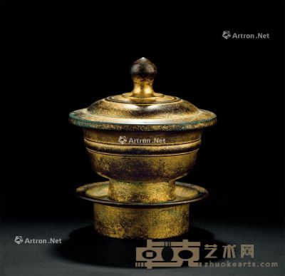 唐代（618～907） 铜鎏金宫廷御用盖碗托三件套 高10.2cm?
