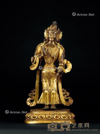 清乾隆（1736～1795） 铜鎏金观音菩萨立像 高35.5cm?