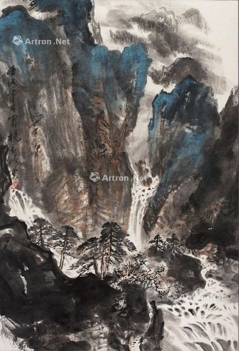 杨应修 1982年作 傲山飞瀑 画心 设色纸本