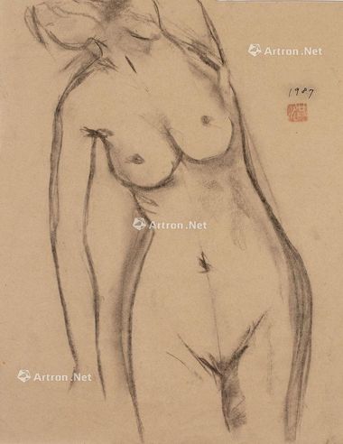 洪瑞麟 1987年作 裸女速写 框 炭笔纸本