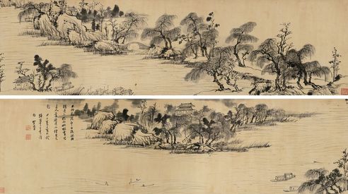李流芳 甲子（1624年）作 西湖泛舟 手卷 水墨绫本
